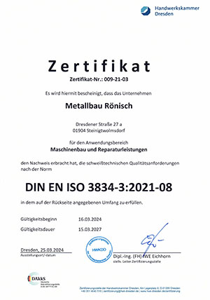Zertifikat für Maschinenbau und Reparaturleistungen